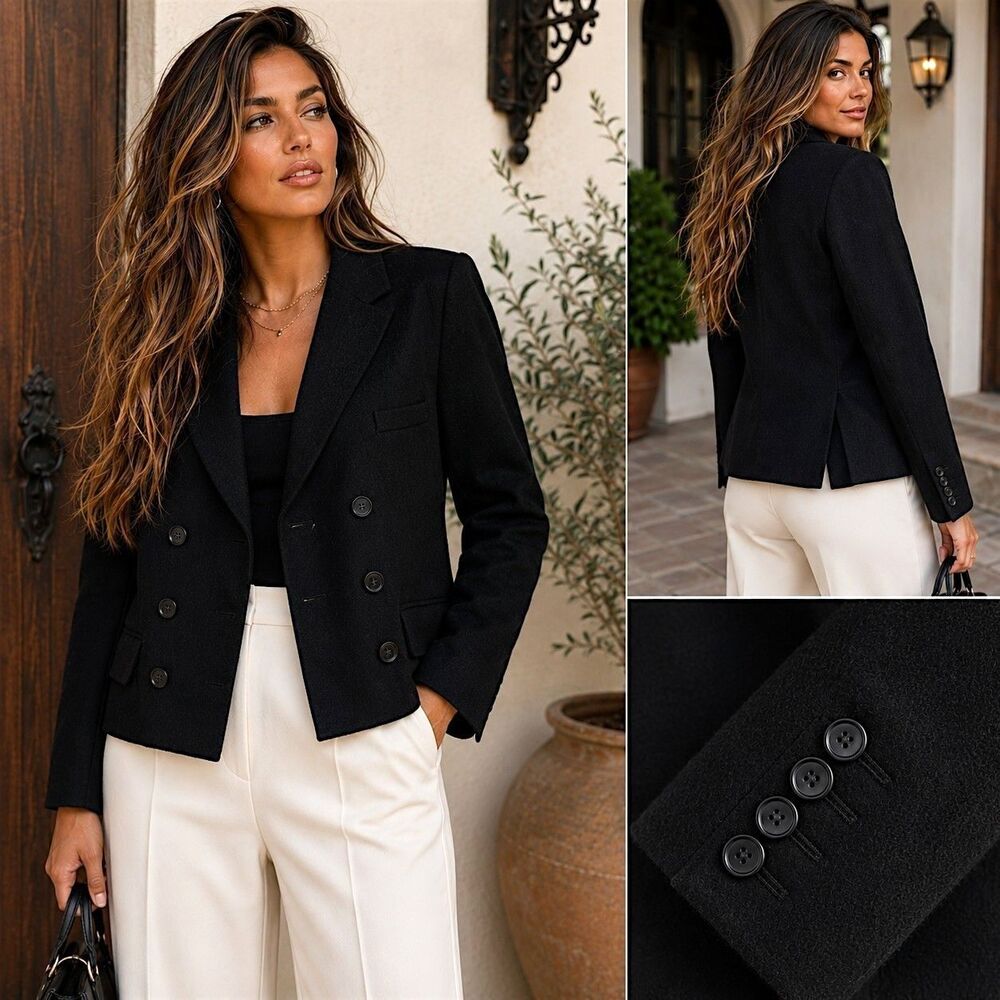 J Crew 100% Wool 8 Black Double Breasted Blazer Quiet Luxury Minimalist Preppy